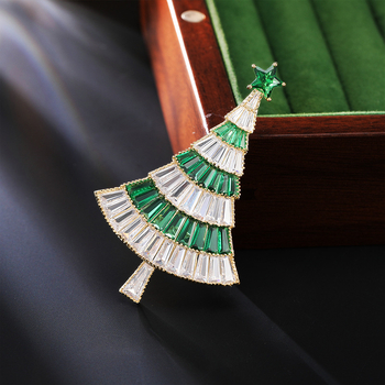 Brošňa s vianočným stromčekom, meďou vsadená a zirkónmi, vzor kvetov a listov