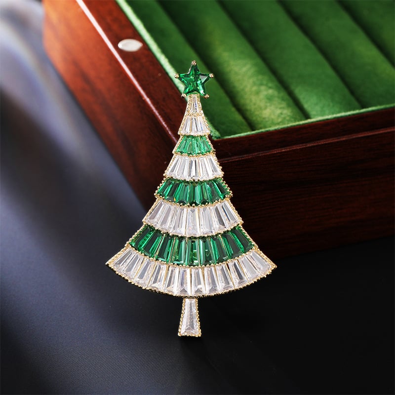 Brošňa s vianočným stromčekom, meďou vsadená a zirkónmi, vzor kvetov a listov