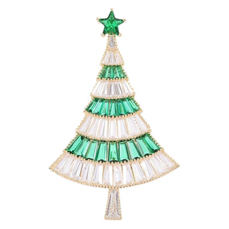 Brošňa s vianočným stromčekom, meďou vsadená a zirkónmi, vzor kvetov a listov