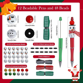 DIY set božićnih pera s perlama – tema Snježnog čovjeka, 12 kom, 48 perli, 3 vrpce