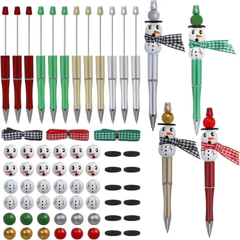 DIY set božićnih pera s perlama – tema Snježnog čovjeka, 12 kom, 48 perli, 3 vrpce