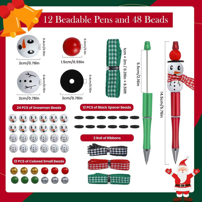 DIY set božićnih pera s perlama – tema Snježnog čovjeka, 12 kom, 48 perli, 3 vrpce