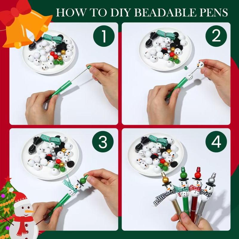DIY set božićnih pera s perlama – tema Snježnog čovjeka, 12 kom, 48 perli, 3 vrpce