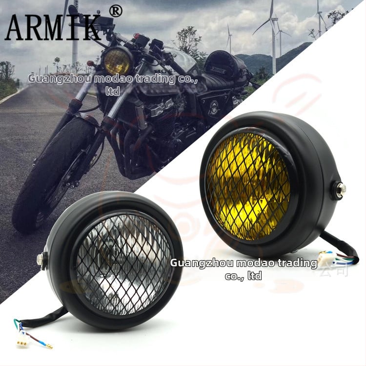 ARMIK MD-FGDD-015 Motocyklové hlavné svetlo — 12V, 35W Halogén, mriežkový kryt, kov a sklo