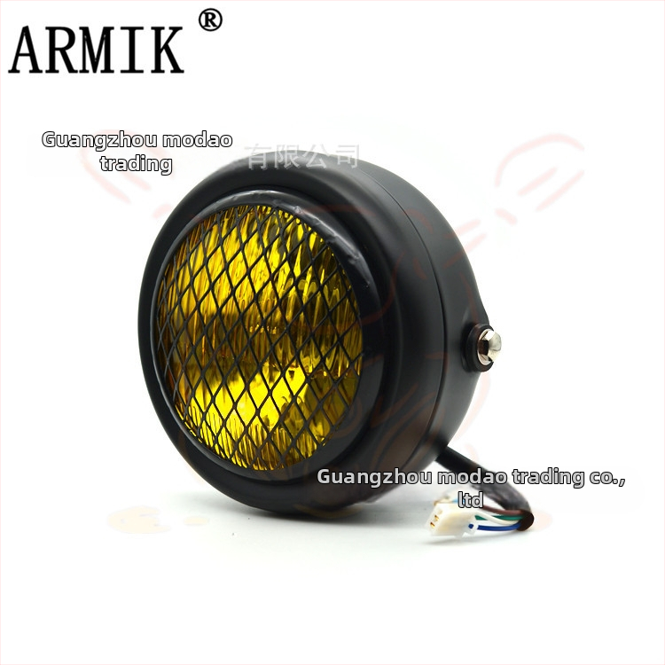 ARMIK MD-FGDD-015 Motocyklové hlavné svetlo — 12V, 35W Halogén, mriežkový kryt, kov a sklo