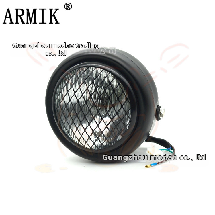 ARMIK MD-FGDD-015 Motocyklové hlavné svetlo — 12V, 35W Halogén, mriežkový kryt, kov a sklo