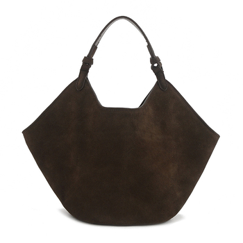 Geantă tote din piele întoarsă, cu formă ovală, deschidere expusă, căptușeală din piele de vițel, cu strat intermediar