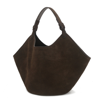 Geantă tote din piele întoarsă, cu formă ovală, deschidere expusă, căptușeală din piele de vițel, cu strat intermediar