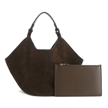 Geantă tote din piele întoarsă, cu formă ovală, deschidere expusă, căptușeală din piele de vițel, cu strat intermediar