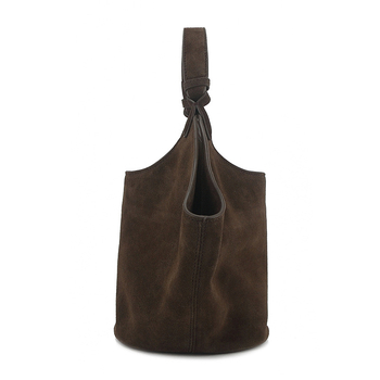 Geantă tote din piele întoarsă, cu formă ovală, deschidere expusă, căptușeală din piele de vițel, cu strat intermediar