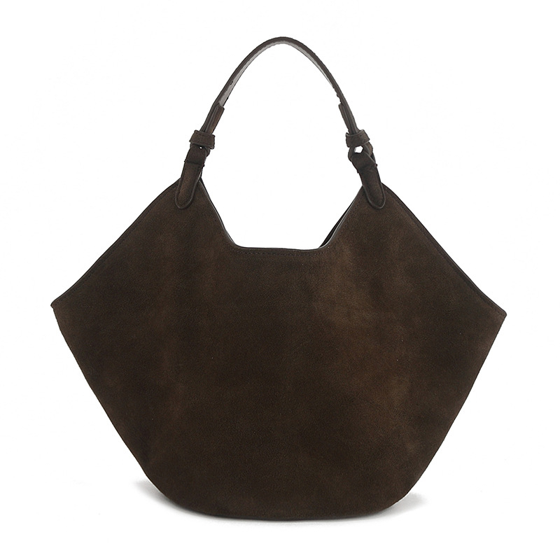 Geantă tote din piele întoarsă, cu formă ovală, deschidere expusă, căptușeală din piele de vițel, cu strat intermediar