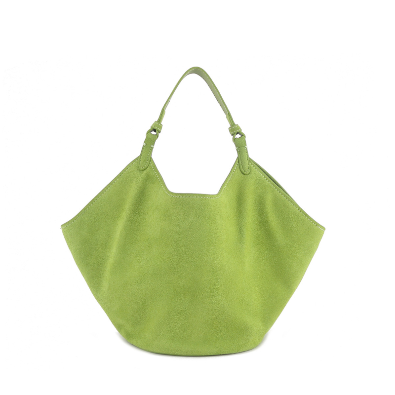 Geantă tote din piele întoarsă, cu formă ovală, deschidere expusă, căptușeală din piele de vițel, cu strat intermediar