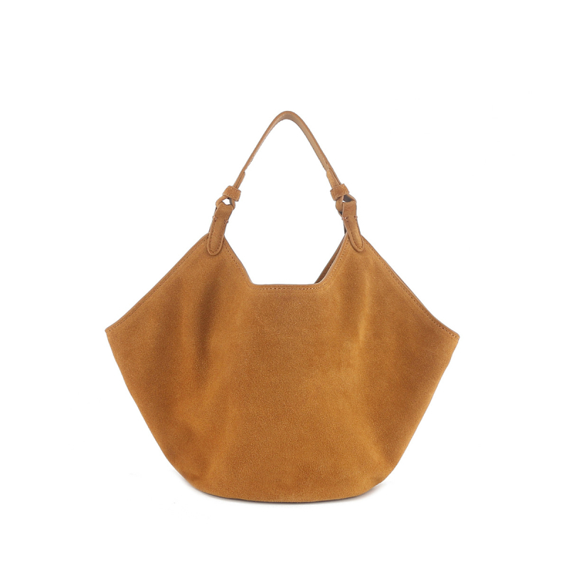 Geantă tote din piele întoarsă, cu formă ovală, deschidere expusă, căptușeală din piele de vițel, cu strat intermediar