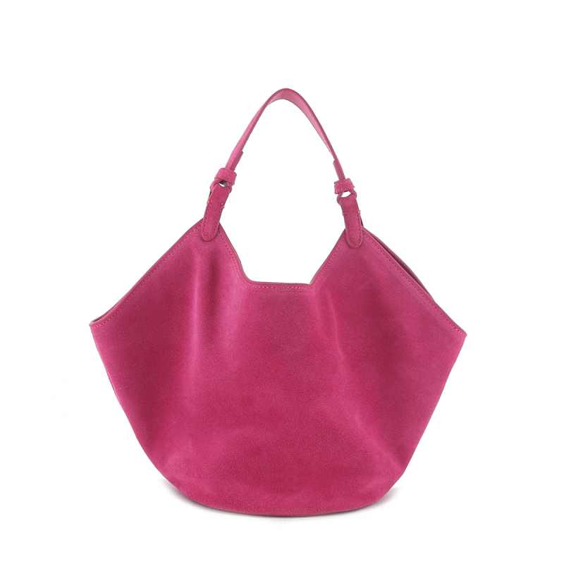 Geantă tote din piele întoarsă, cu formă ovală, deschidere expusă, căptușeală din piele de vițel, cu strat intermediar