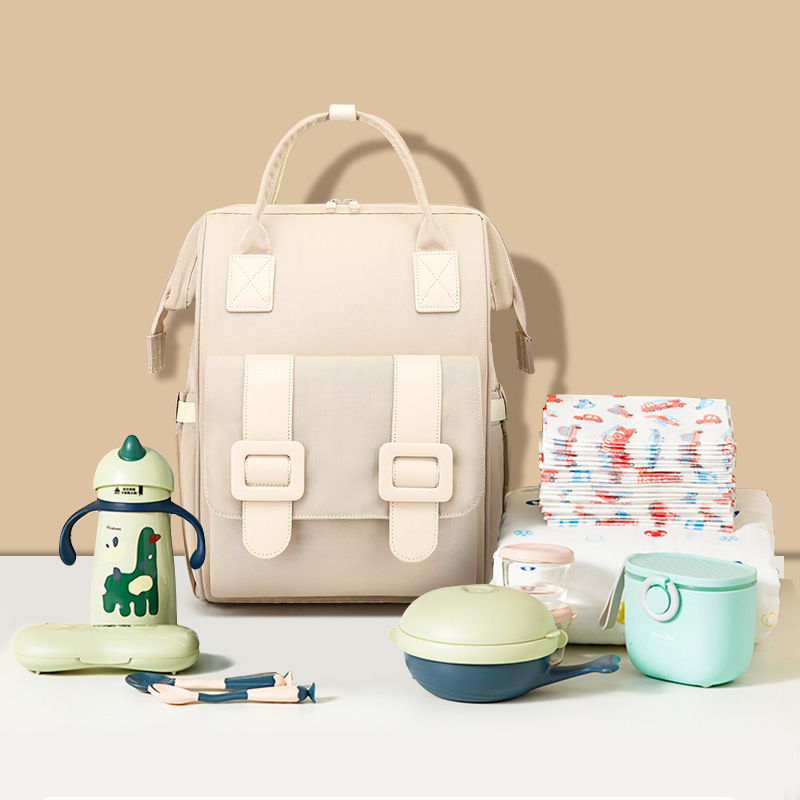 Rucsac pentru mamă, impermeabil, din poliester, stil urban minimalist, model solid, cu multe buzunare, prindere pentru cărucior și curele curbate