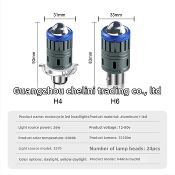 Motocyklové LED svetlo 3570, dvojfarebná šošovka, kompatibilné s H4/H6/BA20D, 26W, 12–80V, 6000K, hliníkové telo