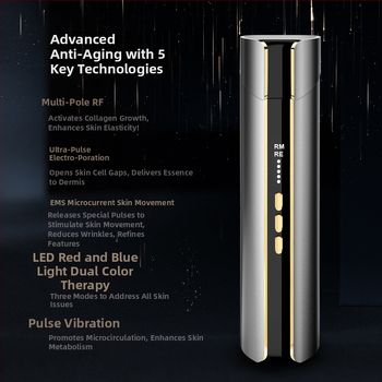 RF kozmetički uređaj s EMS mikrostrujom i fotonskom svjetlosnom terapijom – kućna upotreba, prijenosno, ugrađena baterija 1000–1200 mAh, pomlađivanje kože, borba protiv bora, posvjetljenje, obojeno svjetlo