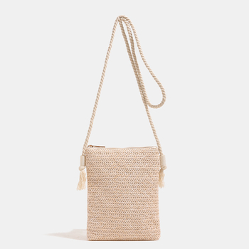 Szalmából készült váll- és keresztpántos táska, vertikális négyzetes formájú, irodalmi és nemzetiségi stílus, cipzár és telefonzseb