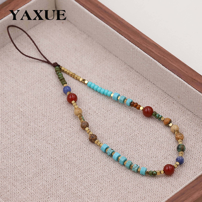 Privjesak za mobitel s prirodnim kamenim perlama, retro etnički stil, ručno izrađeno, Yaxue