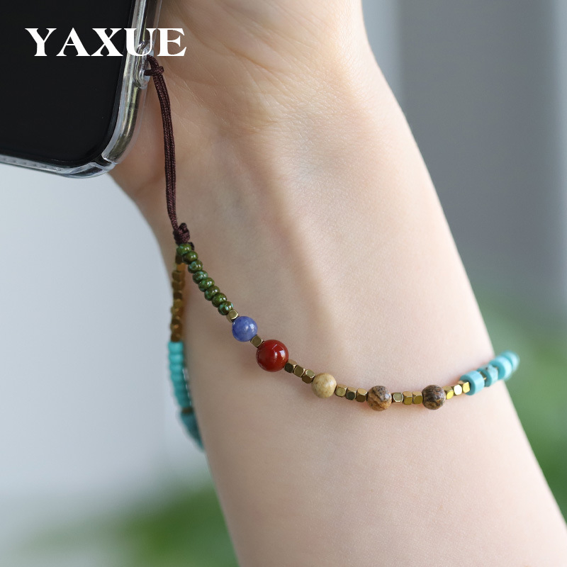 Privjesak za mobitel s prirodnim kamenim perlama, retro etnički stil, ručno izrađeno, Yaxue