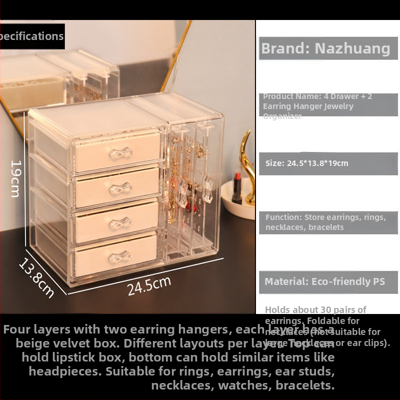 Nelja-kihiline laualine juveelide hoiukarp, tolmukindel ja niiskuskindel, plastkonstruktsioon