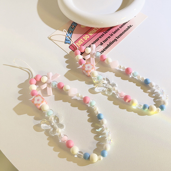 Șnur pentru telefon cu lanț de mărgele, șnur din nailon, pandantiv cu personaj de desene animate și cataramă din plastic.