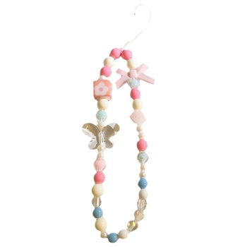 Șnur pentru telefon cu lanț de mărgele, șnur din nailon, pandantiv cu personaj de desene animate și cataramă din plastic.