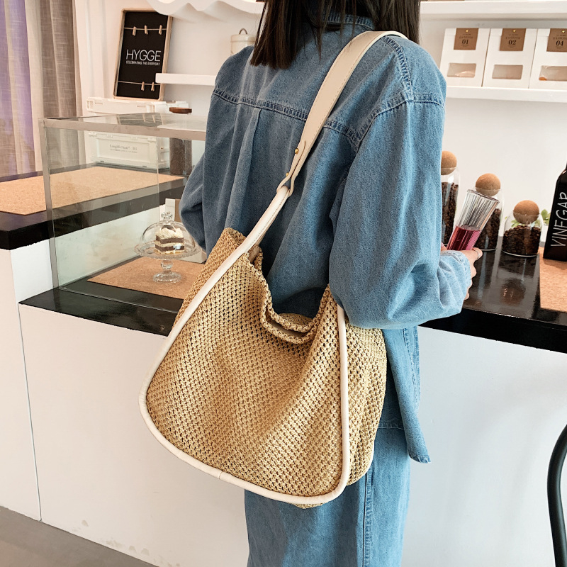 Női szalma szövött tote táska, horizontális négyzet alakú, mágneszár, poliészter bélés