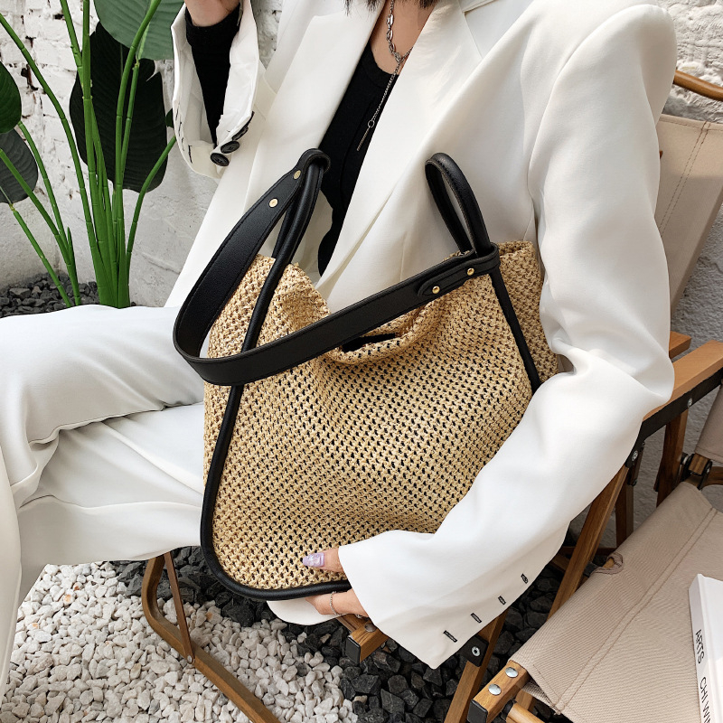Női szalma szövött tote táska, horizontális négyzet alakú, mágneszár, poliészter bélés
