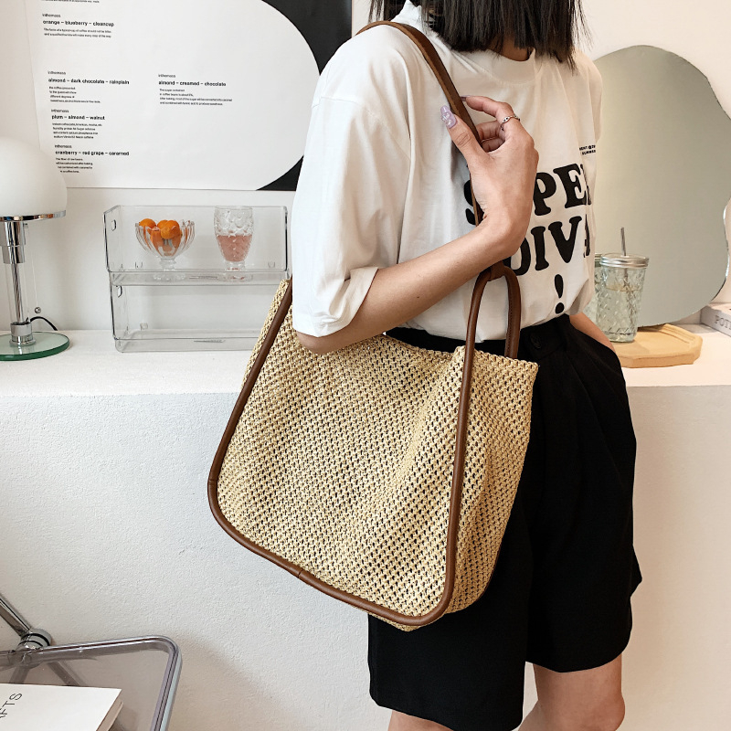 Női szalma szövött tote táska, horizontális négyzet alakú, mágneszár, poliészter bélés
