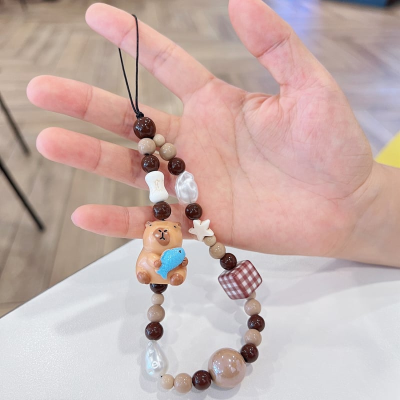 Șnur de telefon handmade cu mărgele, figură capibara desen animat, unisex, sfoară din nylon, cataramă din plastic