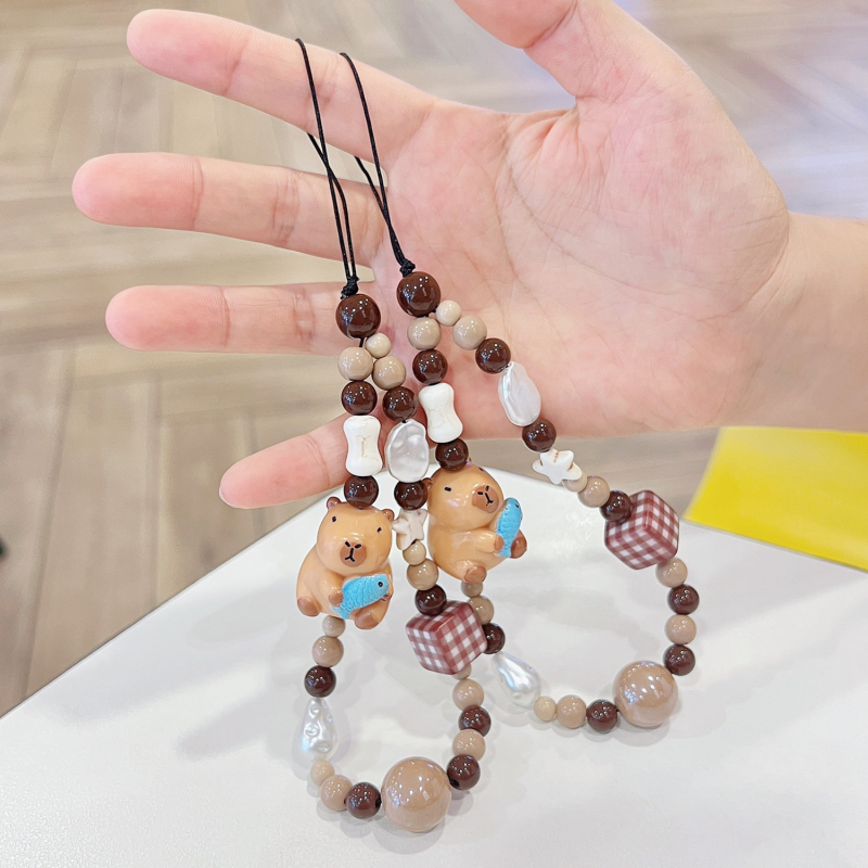 Șnur de telefon handmade cu mărgele, figură capibara desen animat, unisex, sfoară din nylon, cataramă din plastic