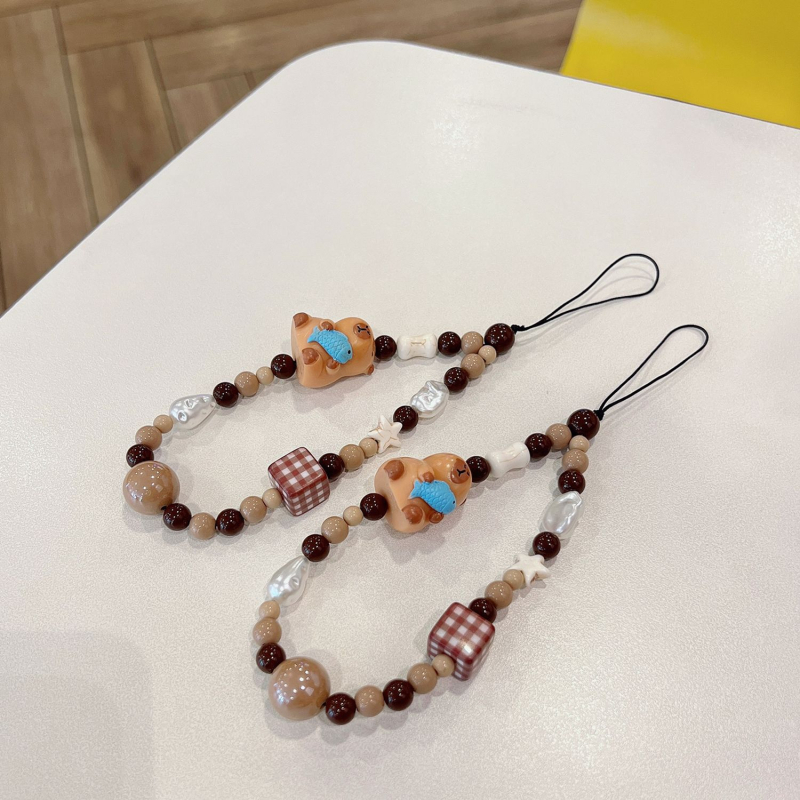 Șnur de telefon handmade cu mărgele, figură capibara desen animat, unisex, sfoară din nylon, cataramă din plastic