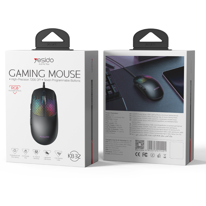 Yesido laidinė žaidimų pelė, 7 mygtukai, 5600dpi, USB, ergonomiška e-sporto pelė