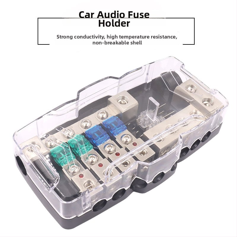 Automobilio garso įrenginių saugiklių dėžutė su LED, dvi įėjimai ir keturi išėjimai, cinko lydinys, 12–48 V, 10 W, modelis Afs