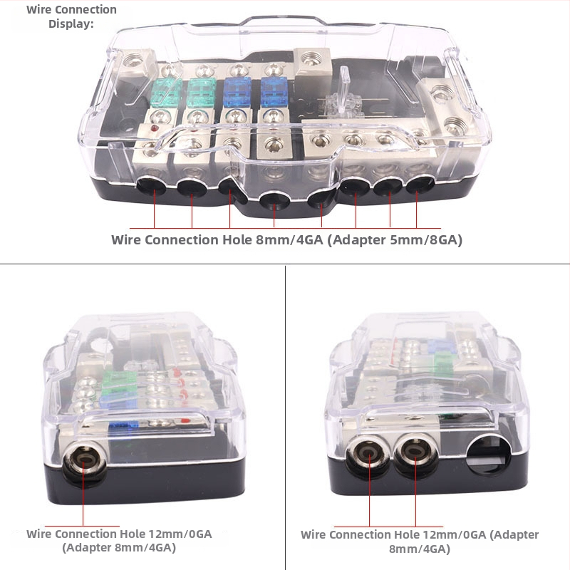 Auto audio kaitselülitekast LED-iga, kaks sisendit ja neli väljundit, tsink sulam, 12–48 V, 10 W, mudel Afs