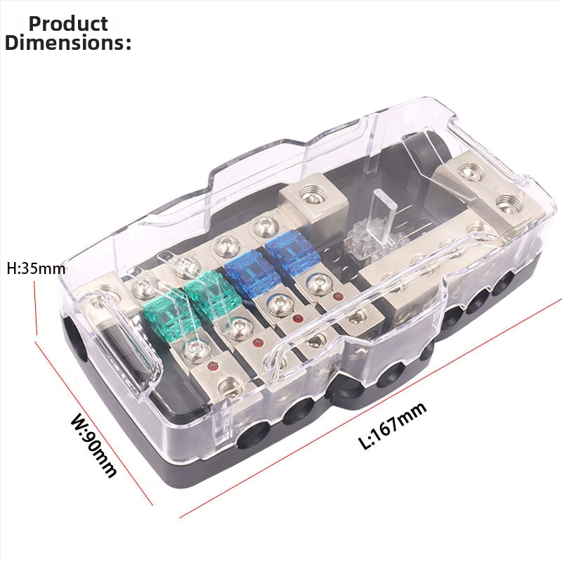 Auto audio kaitselülitekast LED-iga, kaks sisendit ja neli väljundit, tsink sulam, 12–48 V, 10 W, mudel Afs