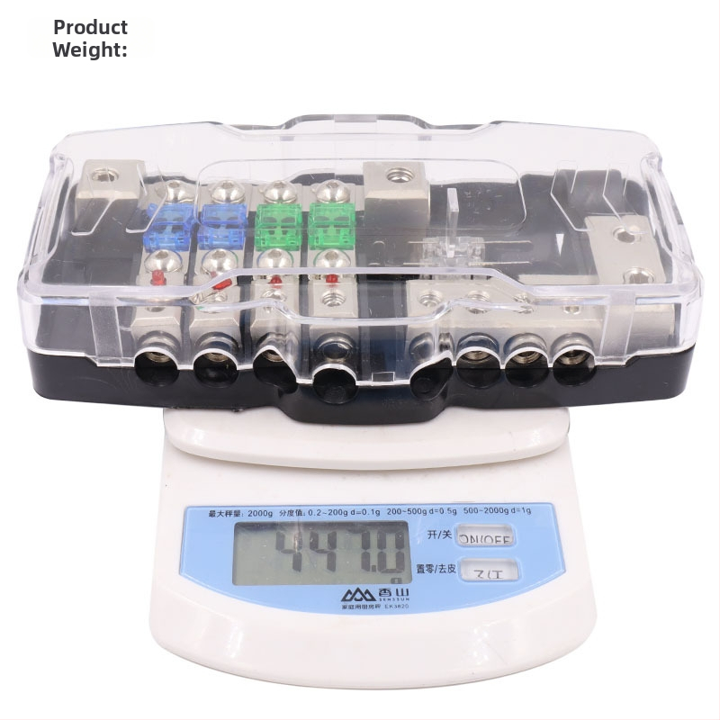 Automobilio garso įrenginių saugiklių dėžutė su LED, dvi įėjimai ir keturi išėjimai, cinko lydinys, 12–48 V, 10 W, modelis Afs