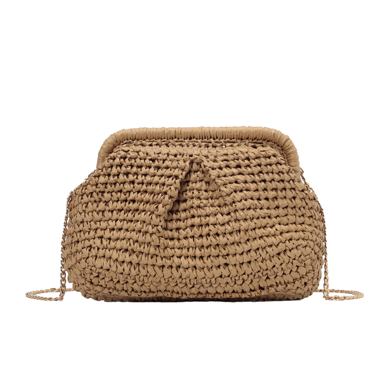 Френска плетена сламена чанта с презрамка за кръст — черупкова форма, полиестрова подплата, единична презрамка