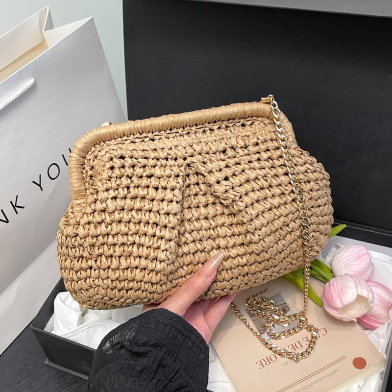 Френска плетена сламена чанта с презрамка за кръст — черупкова форма, полиестрова подплата, единична презрамка