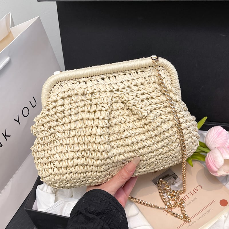 Френска плетена сламена чанта с презрамка за кръст — черупкова форма, полиестрова подплата, единична презрамка