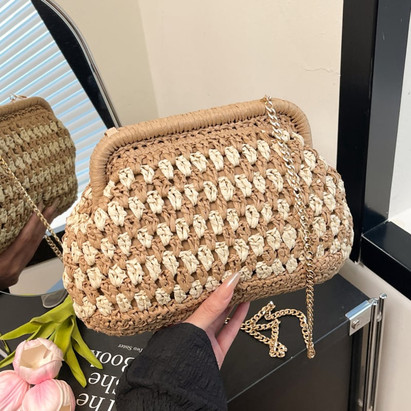 Френска плетена сламена чанта с презрамка за кръст — черупкова форма, полиестрова подплата, единична презрамка