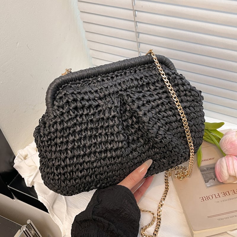 Френска плетена сламена чанта с презрамка за кръст — черупкова форма, полиестрова подплата, единична презрамка