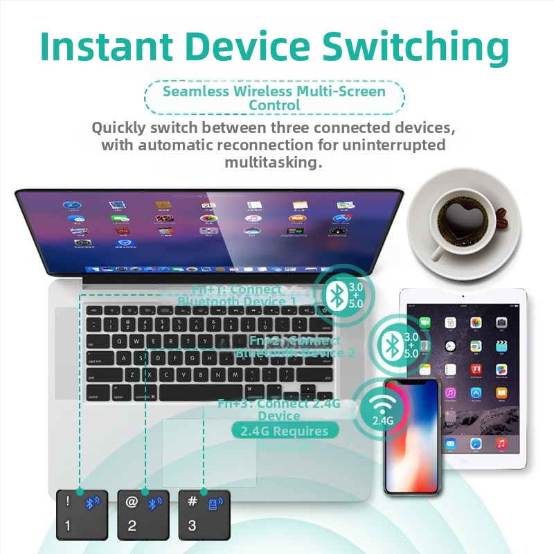 Bezvadu tastatūras un pelešu komplekts, 100 tausti, Bluetooth un 2.4G dubultā režīmā, plug-and-play, ergonomisks