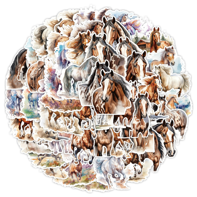 Ακουαρέλα άλογα αυτοκόλλητα, 50 τεμ., αδιάβροχα, για κινητό και κύπελλο, διακοσμητικά αυτοκόλλητα για παιδιά, εκτυπωμένα