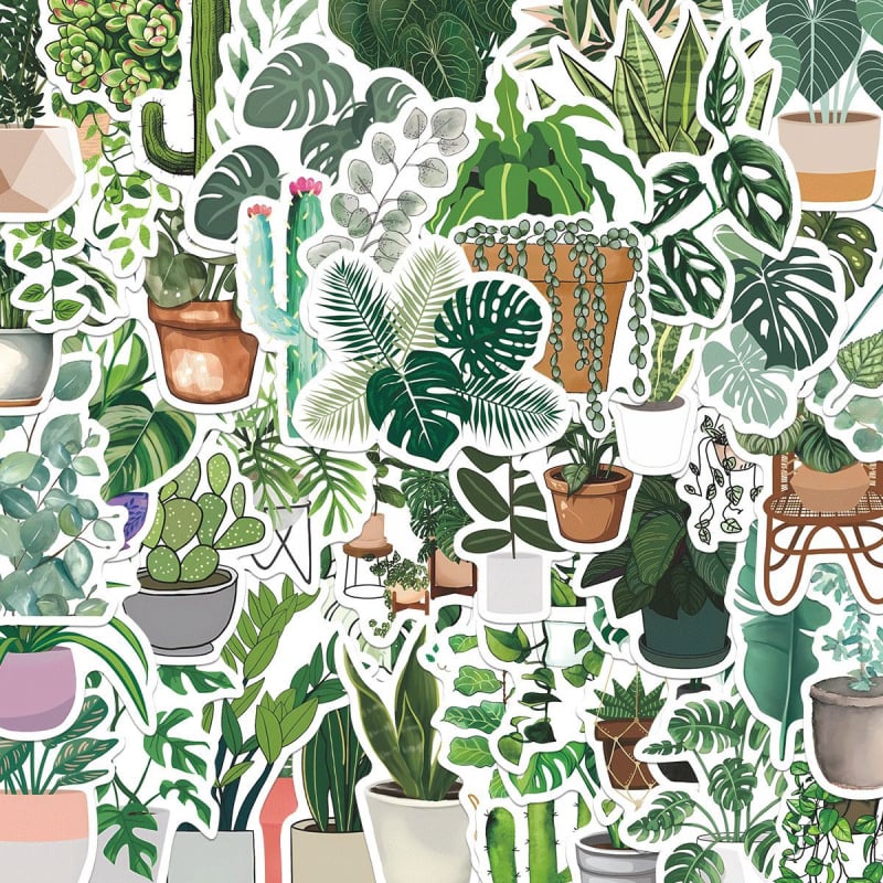 Αυτοκόλλητα φυτών – Στυλ καρτούν, Αδιάβροχο PVC, 50 τεμάχια