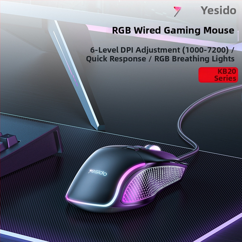 Yesido ενσύρματο ποντίκι παιχνιδιών με οπτικό αισθητήρα 1000–7200 DPI, USB, 5 πλήκτρα, εργονομικός σχεδιασμός