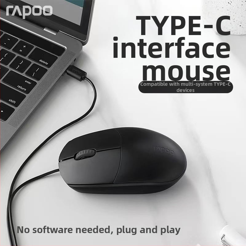 Rapoo N100C ενσύρματο οπτικό ποντίκι, Type-C διεπαφή, 1000dpi, 3 κουμπιά, συμβατό με φορητούς υπολογιστές