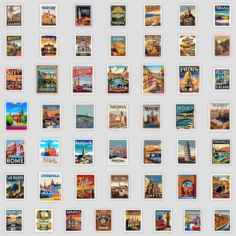 Σετ αυτοκόλλητων με ευρωπαϊκό ταξιδιωτικό γκράφιτι, αδιάβροχα, DIY, εκτυπωμένα, γλυκό στυλ
