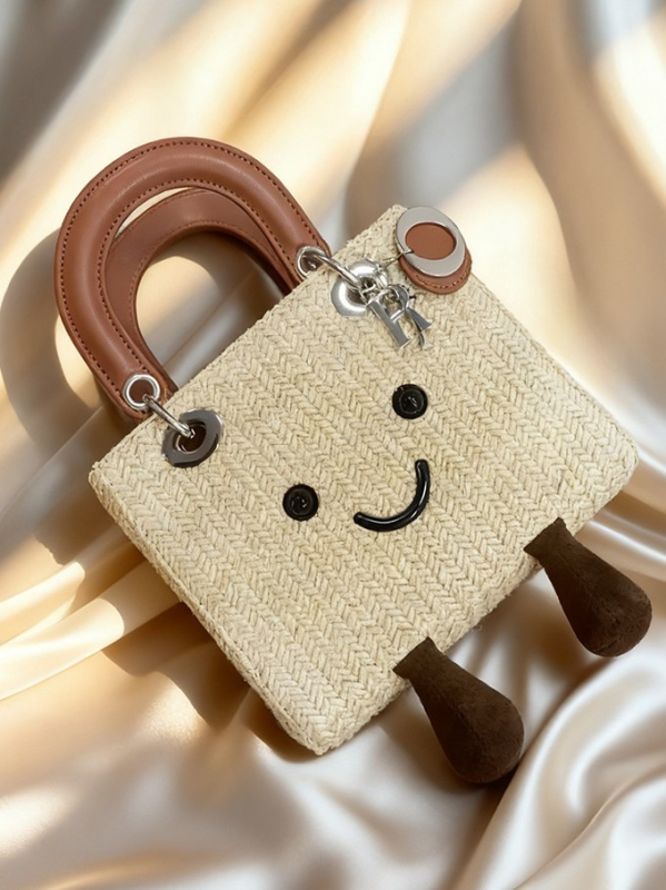 Чанта за кукли в Jelly стил, градски стил, от слама, bucket форма, с връзка